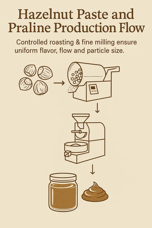 Hazelnut paste and praline production flow